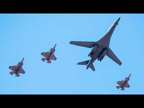 F-35Bs from HMS Queen Elizabeth - Djibouti flypast with B1B Lancer