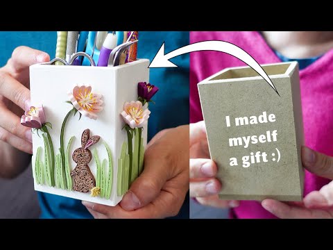 🐰 I painted, quilled and decorated a whimsical container for tools ! Paper Bunny & Flowers