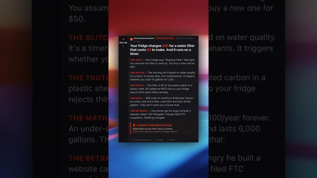 Your fridge charges $50 for a water filter that costs $3 to make. And it runs on a timer.