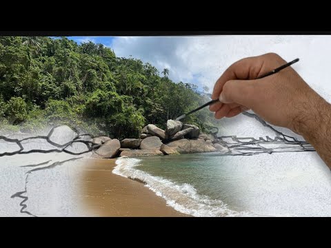 Learn in a new way to draw clouds, rocks and sea waves in landscapes