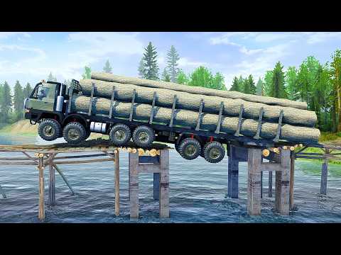 GIANT Logging Truck Crossing Treacherous Broken Bridge