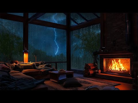 Nighttime Thunderstorm Haven on the Mountain with Crackling Fireplace for Sleeping, Relax, Meditate