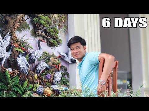 Awesome ! Man making handmade relief painting with cement and sand - floating wall sculpture