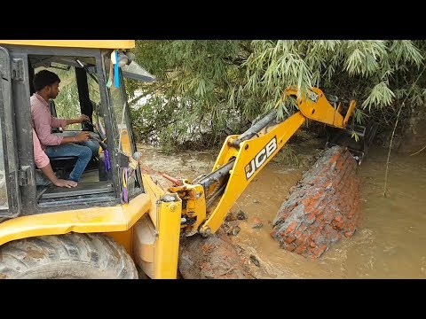 JCB Breaking and Pulling Bridge Wall - JCB Working For New Bridge Construction - JCB Video
