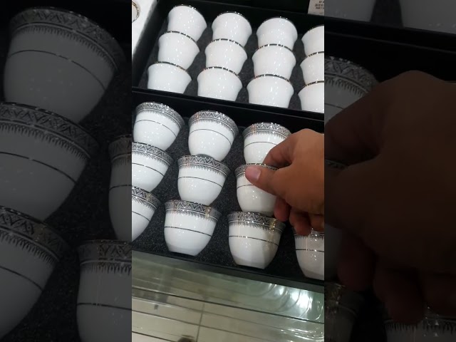 طقم فناجين قهوة عربي - نقش فضي ابيض-  بورسلان