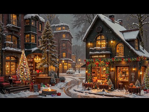 Snowfall Christmas Fireplace Ambience & Sweet Christmas Jazz Music 🎄 Cozy Coffee Shop for Work,Study