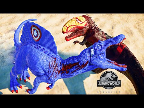 Iron Man Giganotosaurus, Batman indoraptor, Captain America Spinosaurus Dino Fight - JWE