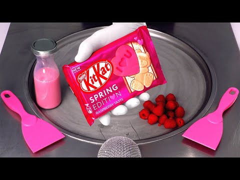 ASMR | KitKat Raspberry Ice Cream Rolls - how to make white Chocolate and Raspberries to Ice Cream