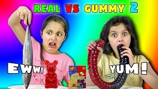 REAL FOOD Vs GUMMY FOOD Challenge 2! Giant Gummy Worm v Super Gross Food Candy Challenge Kids React
