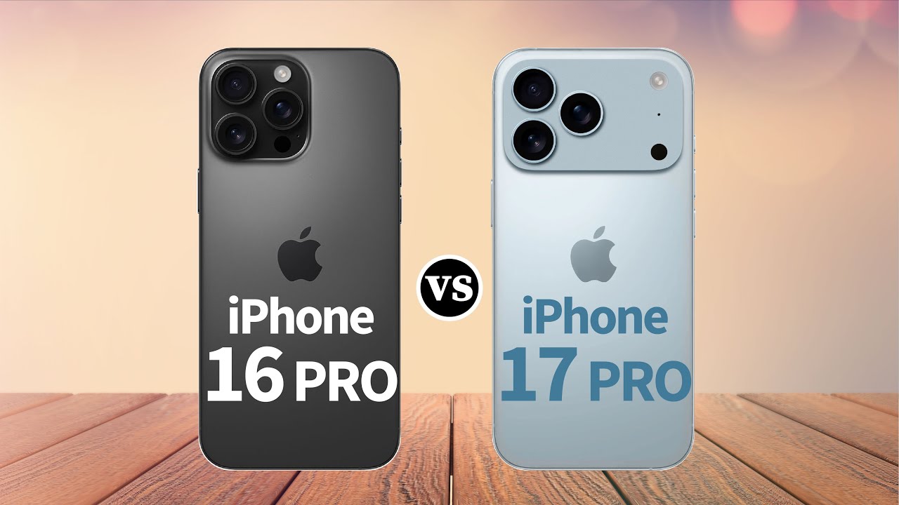 Comparison of iPhone 16 Pro and iPhone 17 Pro showing different camera designs and color options