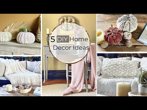 , title : '5 Fall Decor DIY:Knitted Pumpkins, Chalk paint furniture,hand knit blanket & Seed stitch pillow|ASMR'