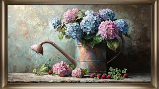 Vintage Watering Can and Blooming Hydrangeas | Digital Home Decor
