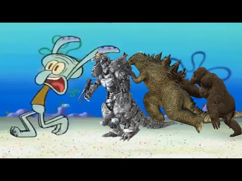 Squidward runs away from Godzilla, Kong, and Kiryu