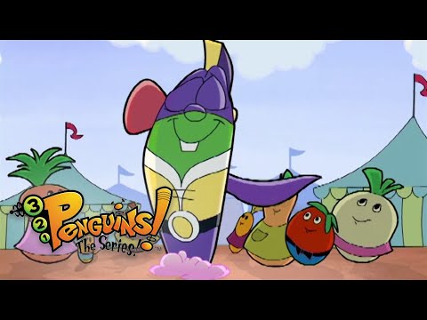 Group of colorful animated penguin characters at a festival-like setting, with the 'Penguins! The Series' logo in the corner.