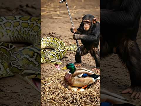 Snake Tried to Steal the Duck’s Eggs… Until the Chimp Arrived! #animal #snake #snakeattack #duck