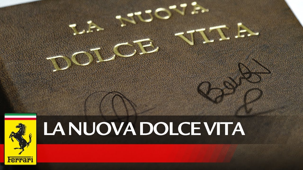 Gold-embossed La Nuova Dolce Vita book cover with the Ferrari logo