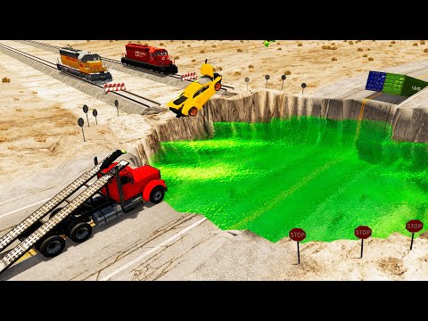 Cars And Ramp Truck vs Huge Pit and Trains | BeamNG.Drive Valerito
