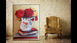 Acrylic Painting Roses in a Vase /  tutorial step by step /MariArtHome