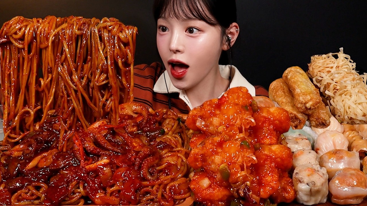 SUB)쭈꾸미 왕창 올린 매운 짜장면에 딤섬 먹방! 칠리새우 깐풍기까지 중식파티 꿀조합 Spicy Jjajangmyeon & Dim 