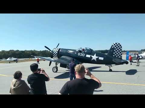 Commemorative Air Force Corsair start up, taxi and take off