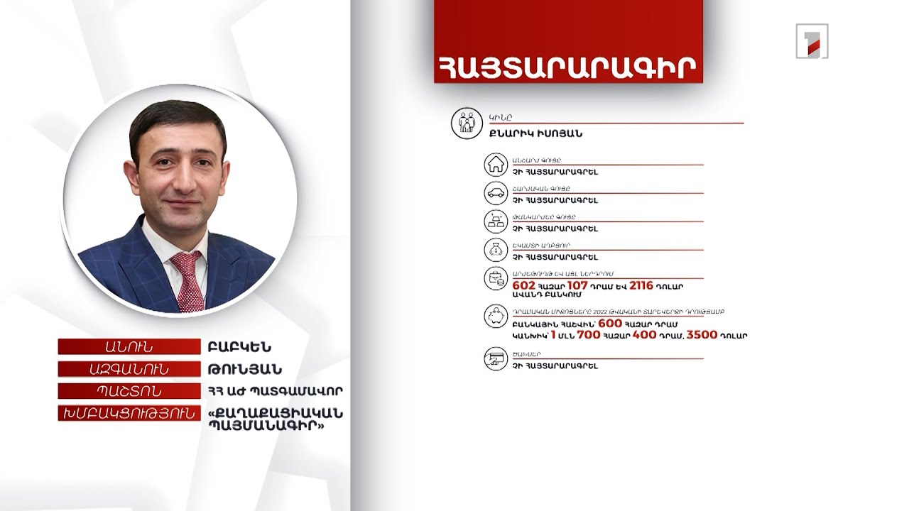 Բնակարան, ավտոմեքենա, 1 մլն 979 հազար դրամ. ՀՀ ԱԺ պատգամավոր Բաբկեն Թունյանի հայտարարագիրը
