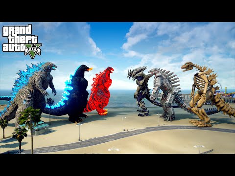 Godzilla, Heisei Godzilla, Shin Godzilla vs Skeleton Godzilla Team - GTA V Mods