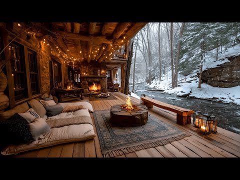 Winter Riverside Porch Ambience | Crackling Firepit Snowfall & Nature Sounds
