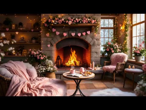 Beautiful Pink Café Ambience | Warm Fireplace ASMR No Music