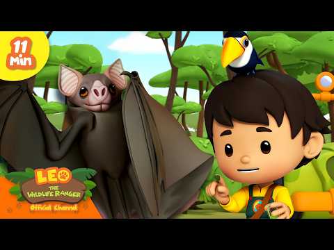 Animated boy wildlife ranger with a large bat in a jungle setting, parrot perched on his head, 11 Min badge in the corner.
