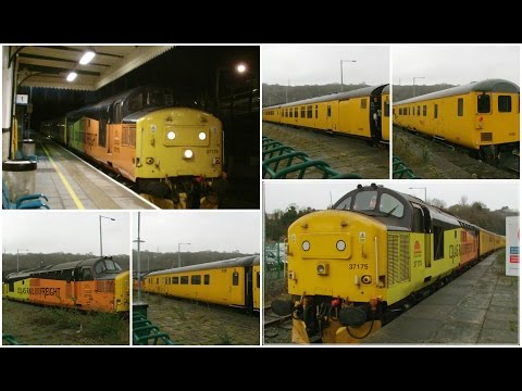 Prestatyn 17.2.2016 - Colas 37175 erupts out of station on test train - also at Bangor in daylight