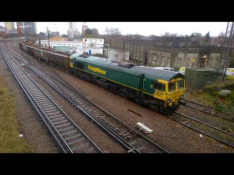 66565 shunting 7O12 (04:24 Freightliner - Merehead Quarry to Woking) at Woking Down Yard on 04/02/22