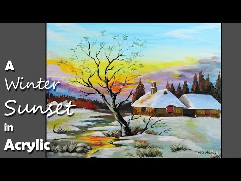 Acrylic Painting | A Winter Sunset on Paper step by step
