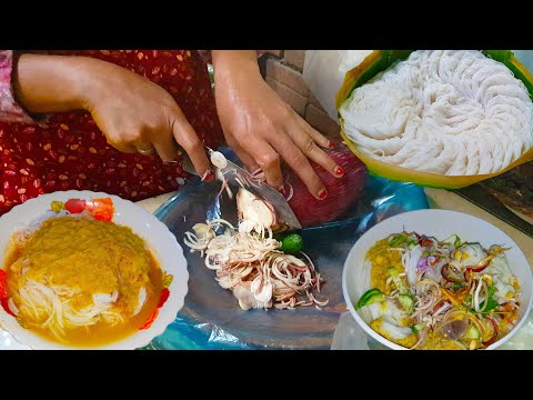 $1 For A Bowl Of Popular Khmer Rice Noodle With Fish Gravy - Phnom Penh Street Food @ Boeng Tompon