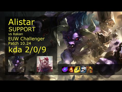 Alistar Support vs Rakan - EUW Challenger 2/0/9 Patch 10.24 Gameplay