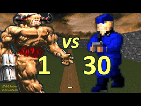 Cyberdemon vs 30 Wolfenstein SS - Monster Infighting - Doom II Retro Battles