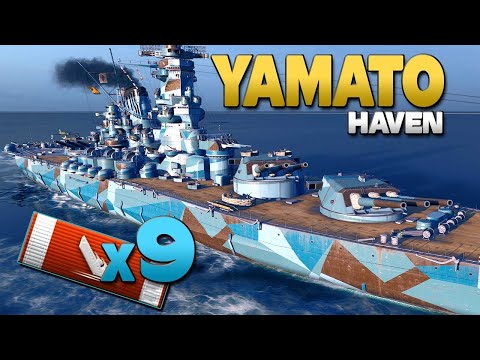 Battleship Yamato on map Haven, 9 ships destroyed - World of Warships