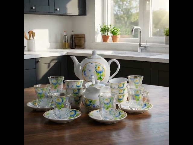 طقم بيالات شاي زجاج وفناجين قهوة سيراميك مع صحون اخضر 24 قطعة