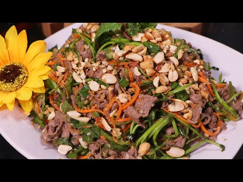 Cách làm Gỏi Bò Rau Muống chua ngọt - Rau Giòn, Bò Mềm, Bánh Xôm Xốp