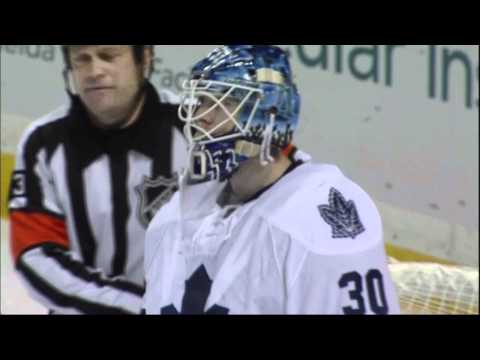 Ben Scrivens knocks own net off. Toronto Maples Leafs vs Buffalo Sabres 4/3/12 NHL Hockey