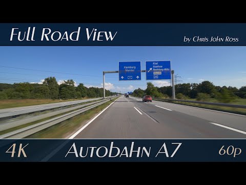 Autobahn (A7), Germany:  Rendsburg/Büdelsdorf - Kreuz Rendsburg - Rastplatz Ohe West - 4K Ultra HD