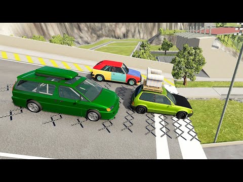 Police Spike Strip High Speed Jump Crashes - BeamNG.drive Spike Strip Vs Cars With Slow Motion