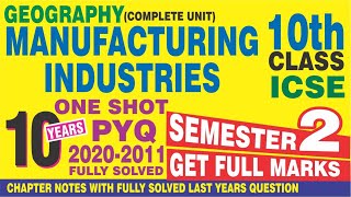 MANUFACTURING INDUSTRIES | GEOGRAPHY| ICSE CLASS 10 | PYQ | ONE SHOT | SEMESTER 2 | @ JAIN TUTOR