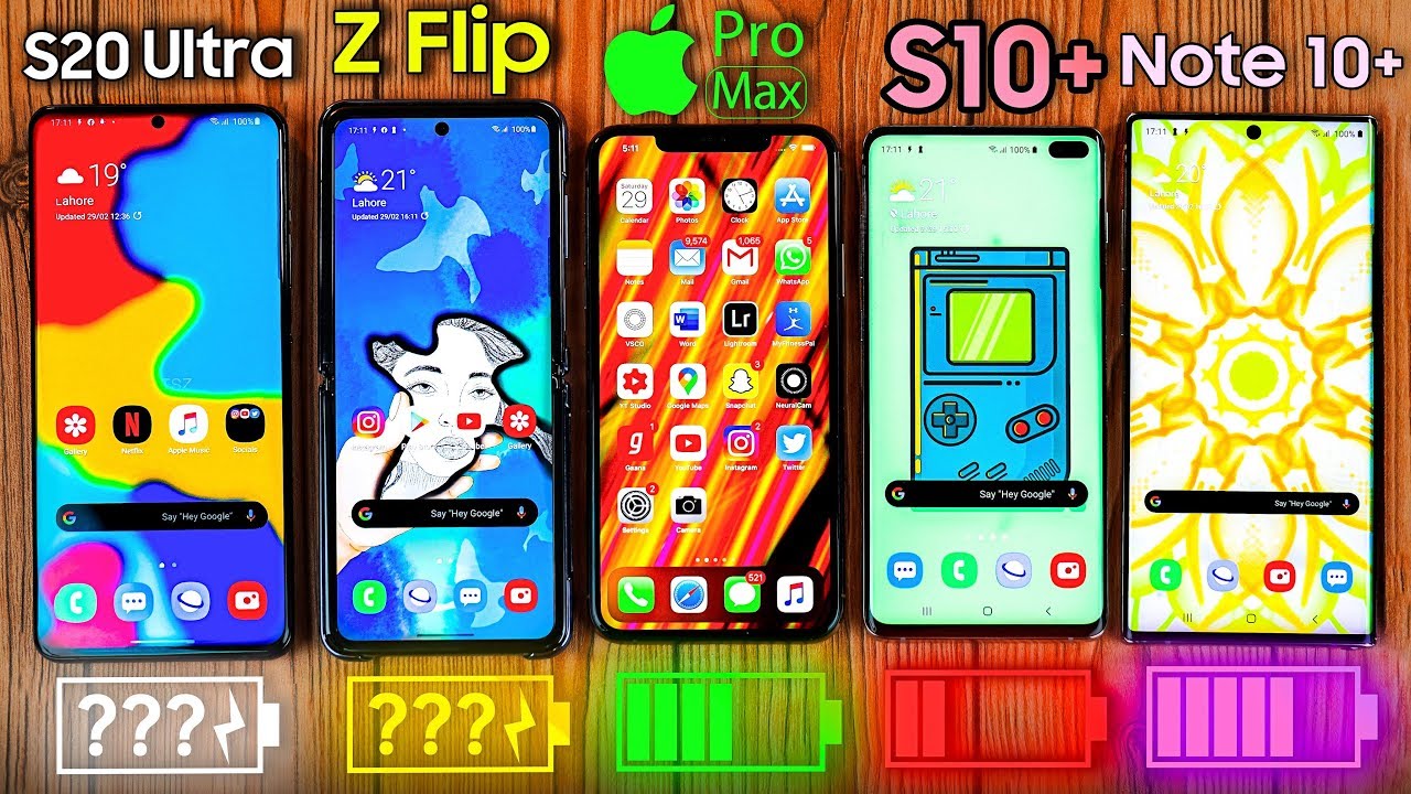 Samsung Galaxy S20 Ultra vs iPhone 11 Pro MAX vs Z Flip vs S10+ vs Note Plus - Battery Drain Test!