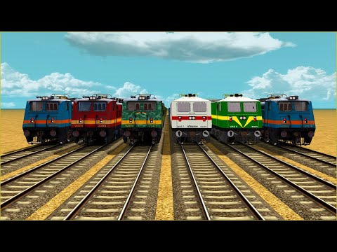 6 ELECTRIC TRAINS CROSSING LINE UP ON EACH TRACK-BUMPY FORKED RAILROAD CROSSING TRACK Train 2022