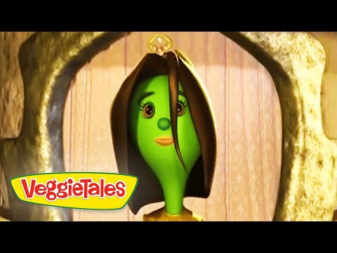 VeggieTales character: a green bean with long brown hair peeking through a doorway, logo visible in bottom-left corner.
