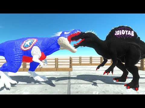 CAPTAIN AMERICA T-REX vs BATGIRL SPINOSAURUS DEATH RUN - Animal Revolt Battle Simulator