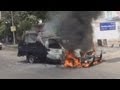Police cars set on fire during clashes in Egypt.