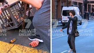 video: Sydney stabbing: One woman dead as three British men praised for restraining knife-wielding attacker