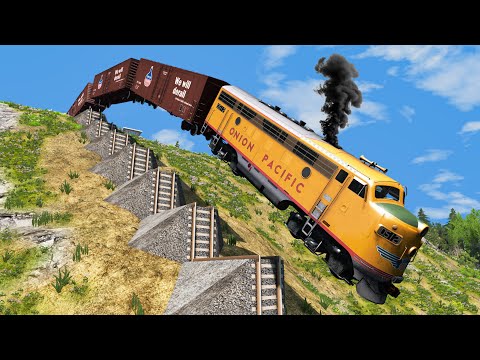Train vs 💥Stairs Crashes #4 and Cars vs Rails  - BeamNG.Drive
