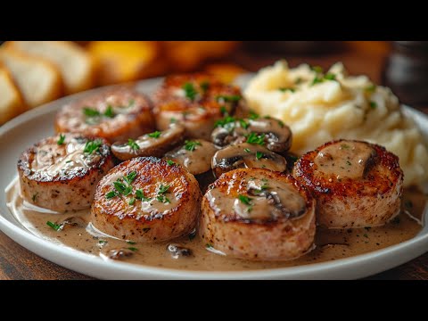 Schweinefilet-Medaillons in cremiger Champignon-Rahmsoße. Einfaches Rezept für zarte Filets